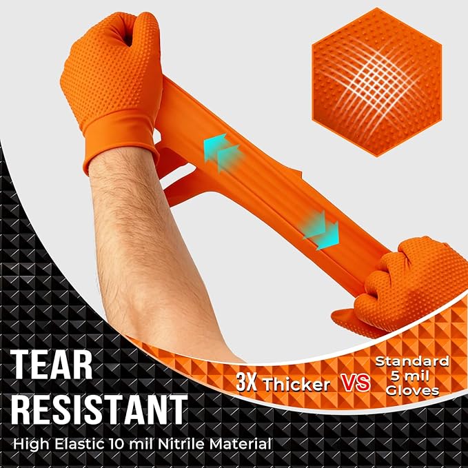 10 Mil Diamond Textured Nitrile Gloves, Heavy Duty Disposable, Extra Thick, Latex & Powder Free, Chemical and Puncture Resistant, Ideal for Auto Repair, Cleaning, Painting, X-Large