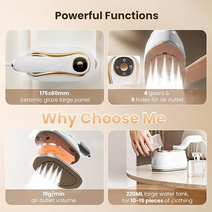 Portable Clothes Steamer 175x80mm Ceramic Glaze Panel Iron LCD 220ml Water Tank 1200W&15s Fast Heat Up 4-speed Steamer for Clothes of all Fabrics Dry&Wet Iron for Home Travel Business Trip