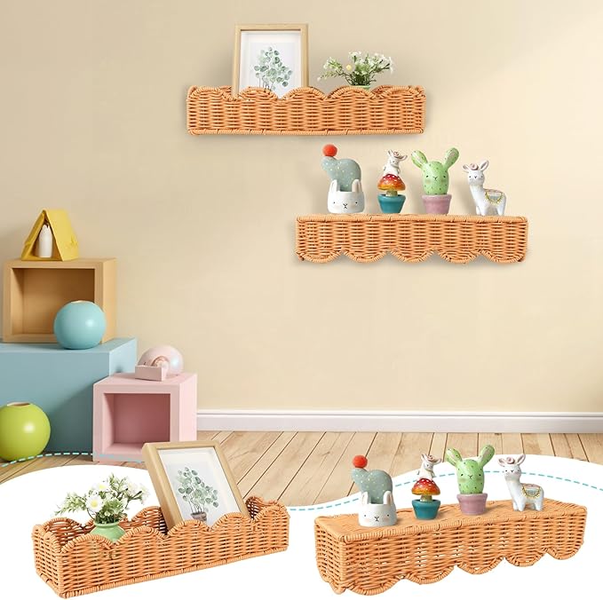 4 Set Nursery Book Shelves Scalloped Plastic Artificial Rattan Classroom Wall Shelf 15.8 Inch Wall Mounted Floating Bookshelve, Hanging Boho Wicker Woven Shelf for Bedroom Farmhouse Decor (4, Brown)