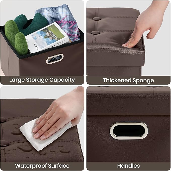 COSYLAND Ottoman with Storage Folding Leather Ottoman Footrest Foot Stool Brown Ottoman for Rooms Small Rectangle Collapsible Bench Furniture with Handles Lid 17x13x13in