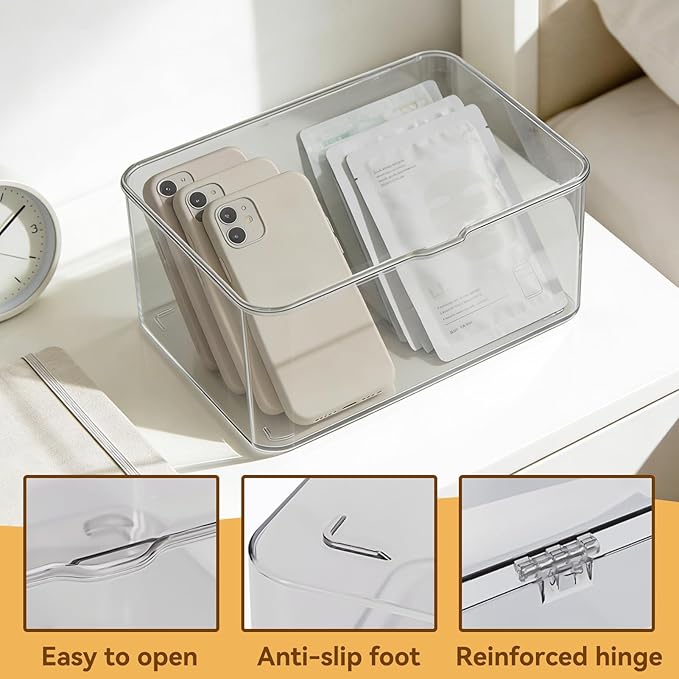 Cyrank Storage Bins with Lids, Clear Plastic Storage Box Stackable Organizer Bin with Lid Small Box Container 8.9x6.5x3.9 in for Home Office Kitchen School Garage Bathroom