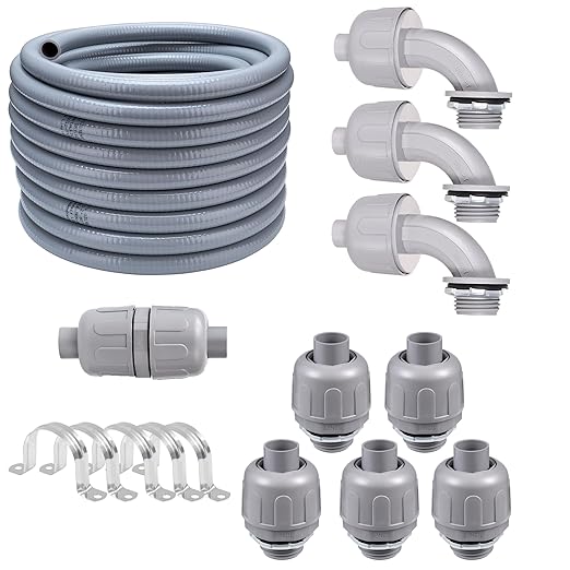 25FT NPT 1/2 Inch Liquid Tight Connector Non-Metallic PVC Electrical Flexible Conduit Fittings, UL Listed - with 5 Straight, 3 Curved and 1 Double-Port Connector