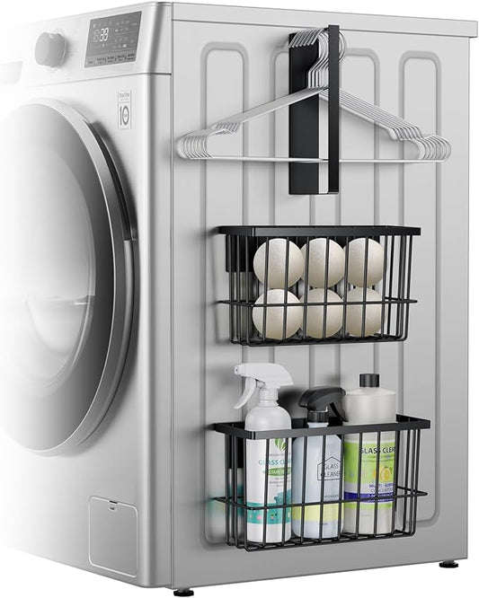 Laundry Room Organization and Storage Magnetic Dryer Ball Holder with Magnetic Hanger Holder, Magnetic Lint Bin for Washer Dryer, Iron Basket Dryer Ball Container, Magnetic Laundry Organizer (Black)