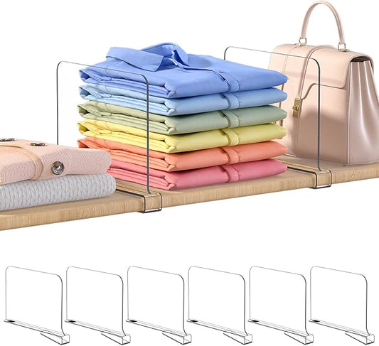OKPOW Shelf Dividers for Closet Organization: 8" Tall X 12" Deep Acrylic Clear Sturdy Separators for Clothes Purse - Adjustable Easy Install Storage for Wood Cabinet Home Organizer Housewife 6 Pack