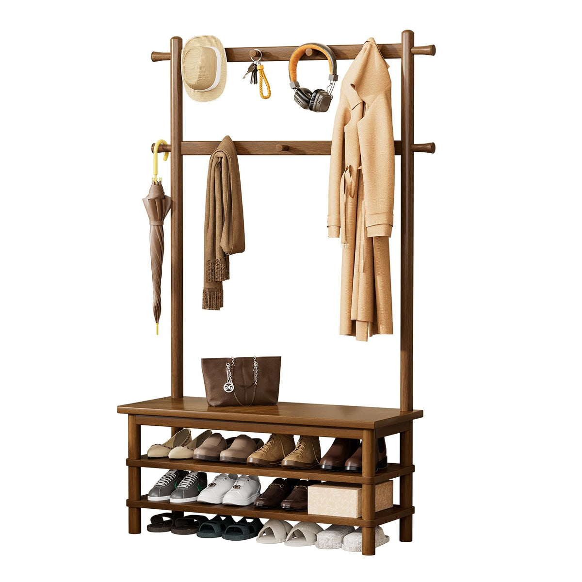Solid Wood Hall Tree with Bench, Shoe Rack & 11 Hooks 35.5'' - Image 1