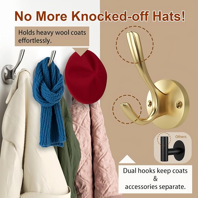 ZUONAI Gold Hooks 12 Pack Brushed Gold Wall Hooks Heavy Duty Metal Coat Hooks for Hanging Coats and Hat Hooks Wall Mounted Towel Hooks for Bathrooms