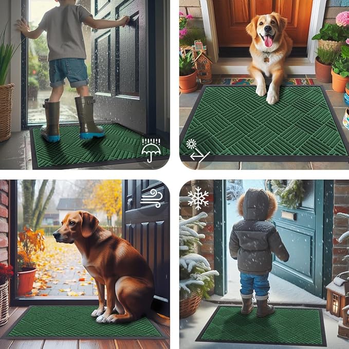 Smiry Front Door Mat Outside Entrance, Heavy Duty Outdoor Indoor Mat, Natural Rubber Doormat, Non Slip, Trap Dirt and Moisture, Easy Clean, Low Profile Patio Porch Entryway Mat, 35x23, Green