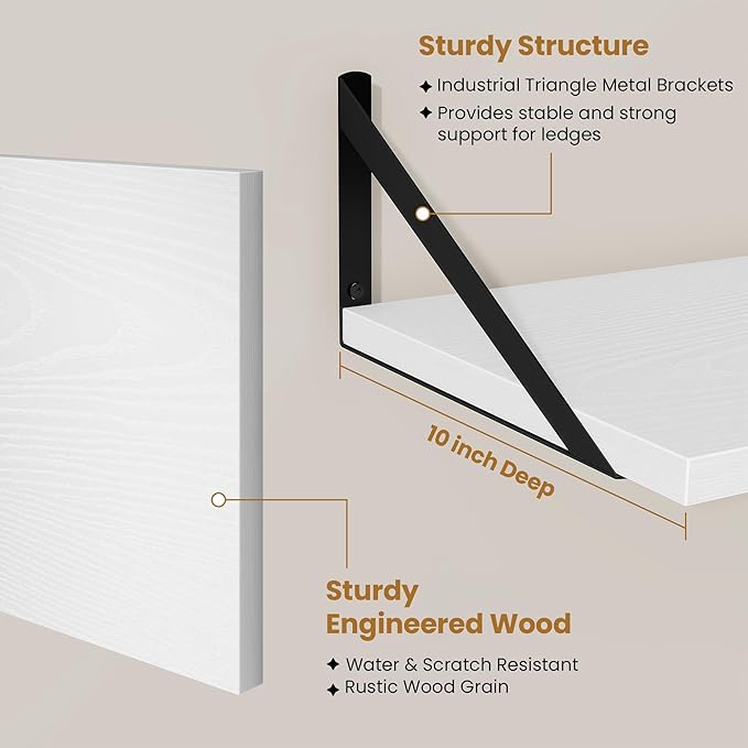 Deep Floating Shelves,24" Wx10 D Floating Shelf for Wall Set of 2,Hanging Storage Shelf with Metal Brackets,Wide Display Wall Shelves for Living Room,Bedroom,Bathroom,Kitchen,White