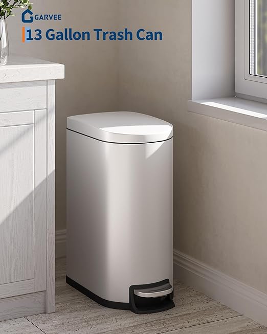Stainless Steel Bathroom Trash Can with Lid, Slim Waterproof Garbage Can, Small Step-on Metal Trash Bin with Soft Close Lid, Inner Bucket & Rear Handle for Bathroom, Bedroom, Kitchen