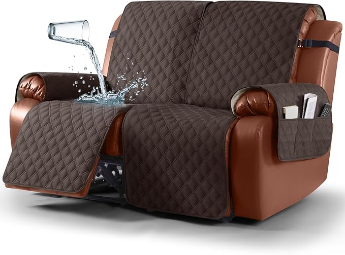 Ruaozz Waterproof Recliner Sofa Covers, 1-Piece Couch Covers for Reclining Couches Reclining Couch Cover Washable Furniture Protector with Elastic Straps Pocket for Kids Pets (Chocolate, 2 Seater)