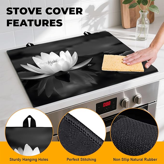 Stove Top Cover Flower Gas Stove Top Cover for Home Decoration Kitchen Pad Non-Stick Washable Cooktop Covers Countertop Protector Keep Stove Clean (White lotus-3, 28L"x20W")