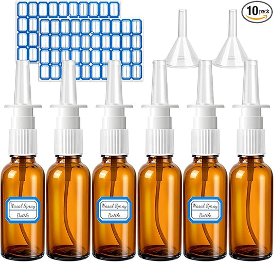 10 Pcs Nasal Spray Bottle, 30ML/1oz 6 Pcs Glass Nose Spray Bottle Empty, Fine Mist Sprayers Atomizers with 2 Funnels and 2 Labels