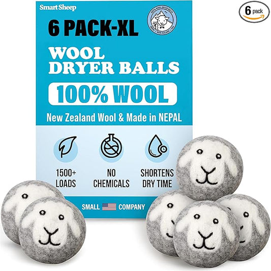 Smart Sheep Wool Dryer Balls - 6-Pack - XL Premium Natural Fabric Softener Award-Winning - Wool Balls Replaces Dryer Sheets - Wool Balls for Dryer - Laundry Balls for Dryer