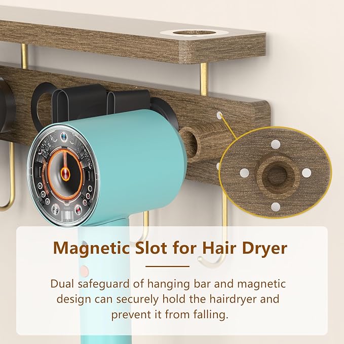 Affogato Hair Dryer Holder Wall Mount Compatible with Dyson Supersonic, Blow Dryer Accessories and Attachments Organizer Storage Rack, Wood