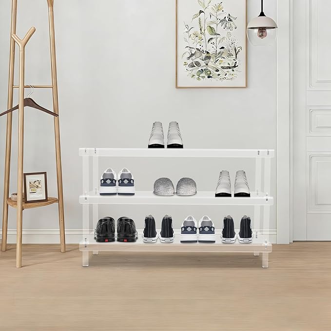 3-Tier Clear Acrylic Shoe Rack, Transparent Organizer for Entryway and Closet, 32.3x11.8x20.3 Inches, Holds 12-16 Pairs, Modern Rectangular Design