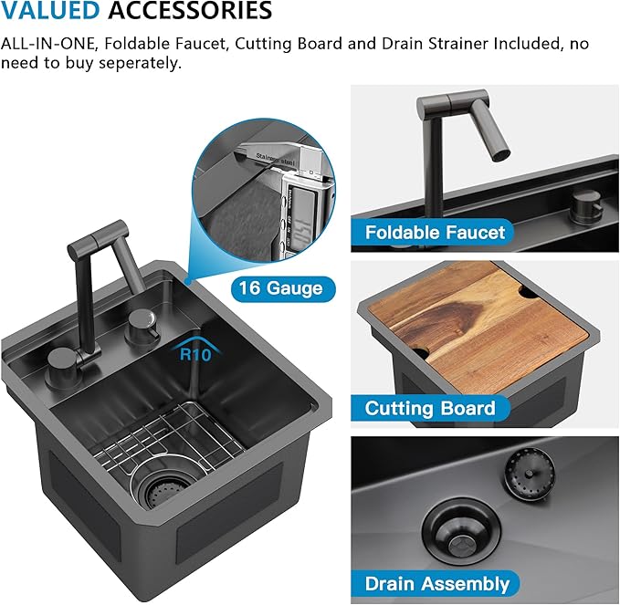 13"x15" Undermount RV Kitchen Sink – Gunmetal Black NANO-PVD, 16 Gauge 304 Stainless Steel, Single Bowl Sink Basin with Foldable Faucet for RV, Camper, Mobile Home, Wet Bar, Outdoor Kitchen