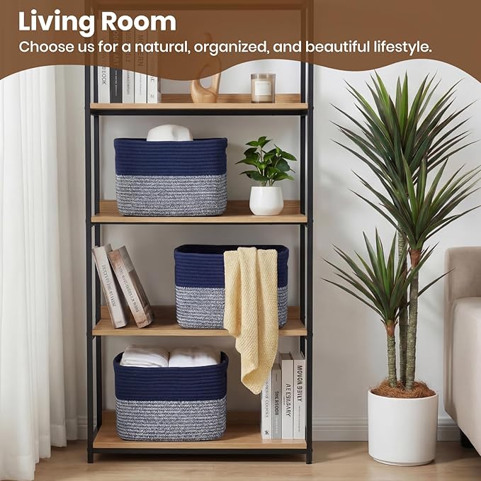 Storage Baskets for Organizing, 14 x 10 x 9” Closet Shelf Woven Baskets, Square Bins with Handles, Cotton Rope Basket for Toys, Clothes, Office, Room, Grey+Blue 1 Pack