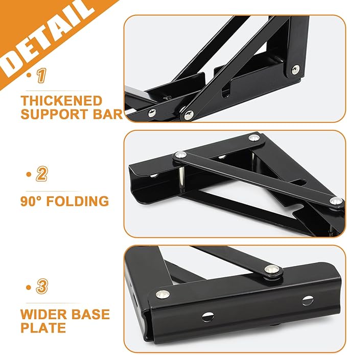 Storystore Folding Shelf Brackets - 16 Inch Heavy Duty Metal Collapsible Shelf Bracket for Bench Table, Shelf Hinge Wall Mounted Space Saving DIY Bracket, Max Load: 150 lb 2 PCS (Black)