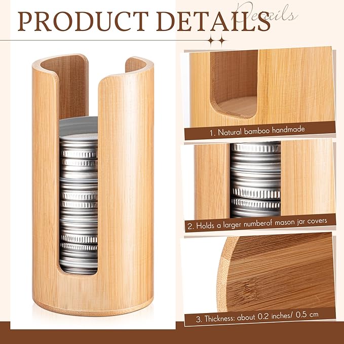 Suclain 2 Pcs Mason Jar Lid Organizer Bamboo Vertical Mason Jar Lid Storage Accessories Tumbler Lids Holder Cup Lids Organizer for Home Kitchen Countertop Cupboard(Only for Regular Mouth)