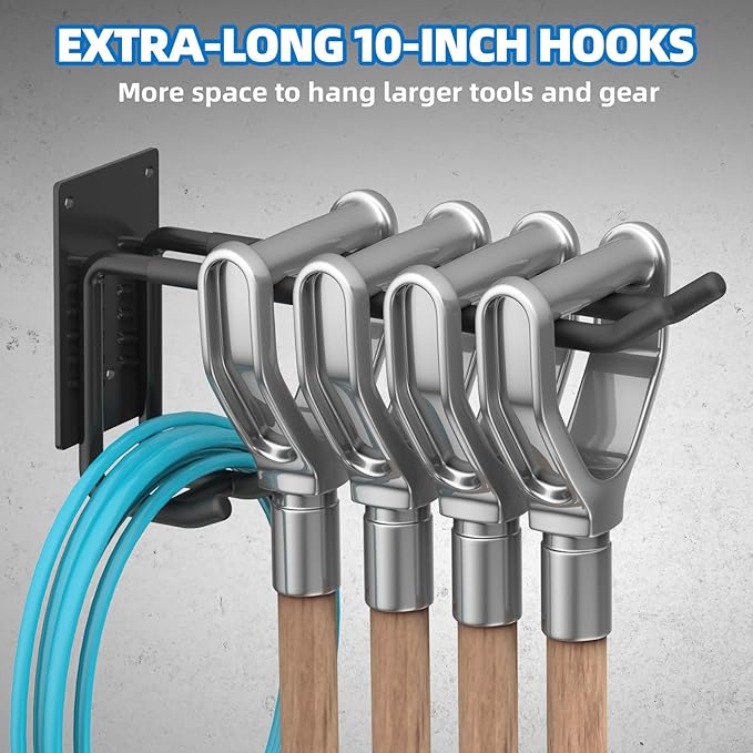 6 Pack Garage Hooks 10 INCH Heavy Duty Double-Layer Steel Shed Wall Mount Workshop Garage Storage Tool Organizer Hooks for Hanging Garden Tool, Hose, Ladder, Chairs, Bikes with Anti-Slip Coating
