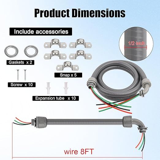 1/2Inch Outdoor Electrical Whips Kit, 8 FT Nonmetallic Liquid Tight Flexible Conduit Wire with 3 Conductors 10 Gauge THHN Electrical Wires, A/C Disconnect Box Power Whips Assembly (8FTx1/2Inch)