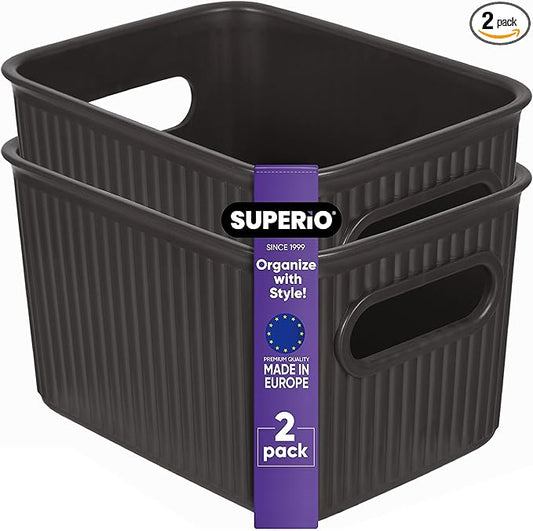 Superio Ribbed Collection - Decorative Plastic Basket Open Home Storage Bins Organizer, Small Brown (2 Pack) Container Boxes for Organizing Closet Storage Bins for Shelves Drawer Shelf 1.5 Liter