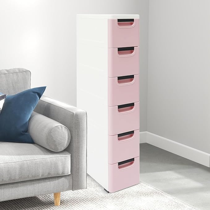 6 Drawers Narrow Slim Plastic Storage Cabinet,Storage Drawer with Wheels,6 Tier Drawers Dresser,Rolling Narrow Cabinet for Small Spaces Bathroom Kitchen Bedroom Living Room,Pink
