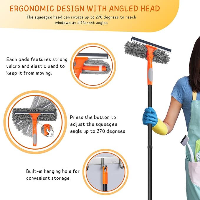 Squeegee Broom for Floor, 18'' Rubber Squeegee with 60'' Long Handle for Bathroom Tile, Window Cleaner Tool for Home, 59.5'' Squeegee Kit for Glass, Car Windshield, Mirror, Shower Door Cleaning