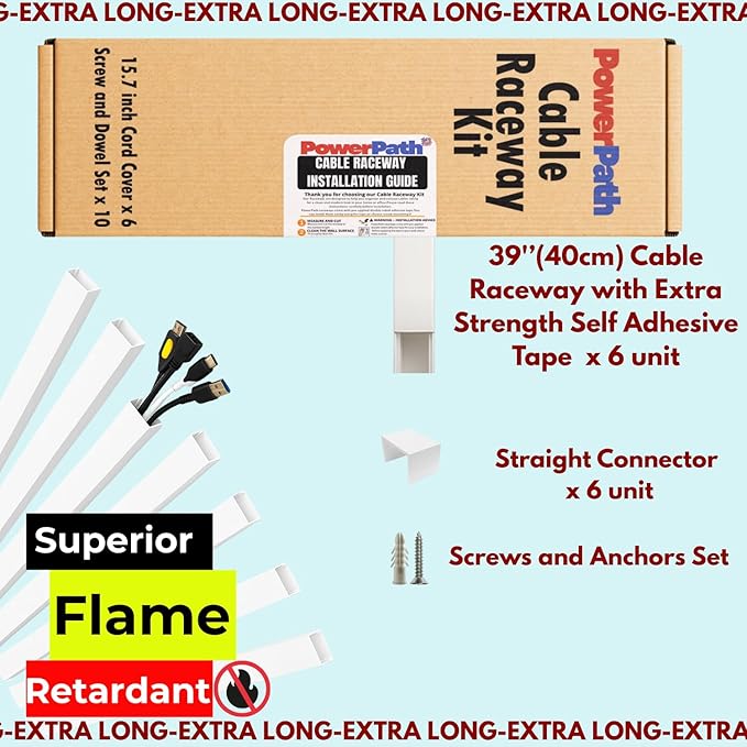 Cable Raceway Kit | 6 Pcs 1 Meter (3.3ft) Paintable Cord Cover with 6 x Connectors | Screws | Anchors & Cable Ties | Wall Mounted Cable Concealer for TV | Computer, Speaker & Office Wires
