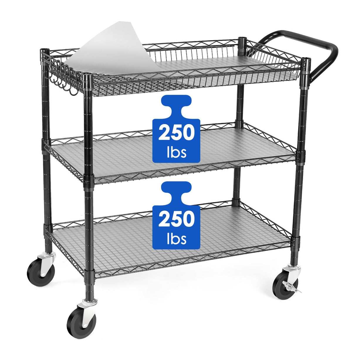 WDT Heavy Duty 3 Tier Utility Cart,Wire Rolling Cart with Wheels - Image 1