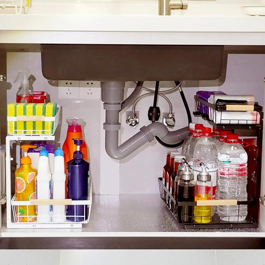 Under Sink Organizer 2 Pack, 2 Tier Pull Out Cabinet Organizers and Storage for Kitchen Bathroom Pantry Laundry, Adjustable Height, Slide Out Thickened Metal Storage Shelf (White, 2 Pack)