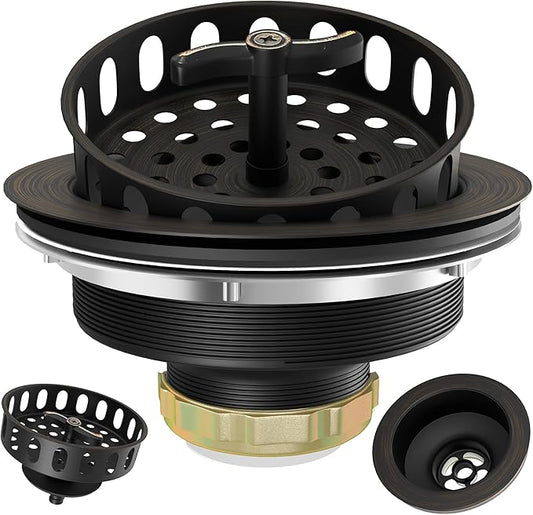 Kitchen Sink Drain Assembly 3-1/2 Inch Bronze Stainless Steel Kitchen Drain with T-Shaped Sink Strainer Basket and Drain Stopper for Standard Kitchen Sink Oil Rubbed Bronze