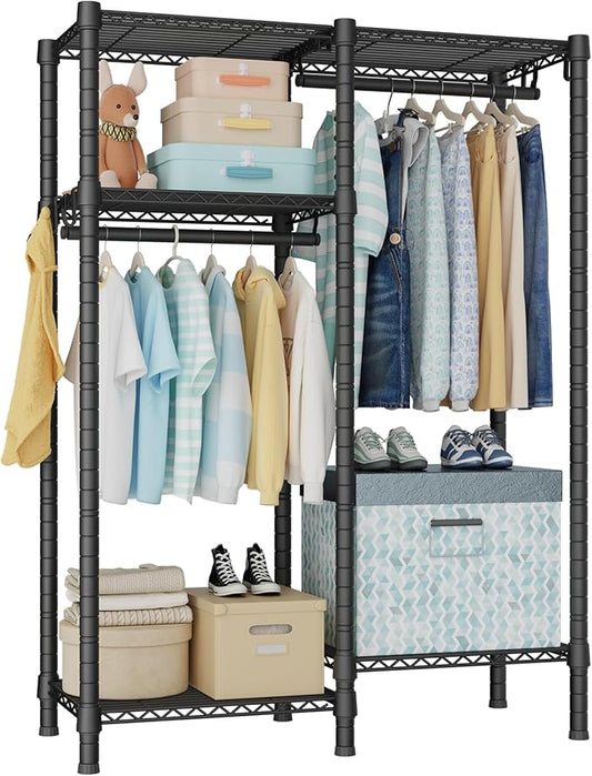 Ulif F1 Garment Rack for Kids, Baby, Students, and Children's Room, 4 Tiers Freestanding and Portable Heavy Duty Closets, Small Metal Clothes Rack with 2 Hanging Rod, 31.2" W x 11.8" D x 48" H, Black