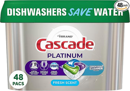 Cascade Platinum ActionPacs + Dishwasher Cleaner, Dishwasher Detergent Pods, Fresh, 48 Count
