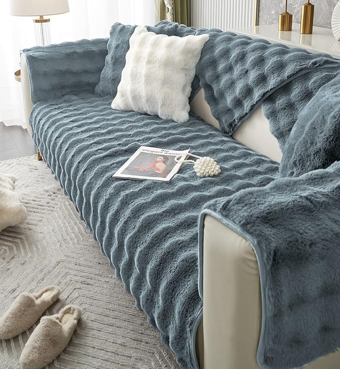 Soft Warm Faux Fur Couch Sofa Cover Thick Shaggy Fuzzy Sectional Couch Cover Non-Slip Solid Color Plush Sofa Slipcover Furniture Protector for Kids, Pets (Grey Black,43"x94")
