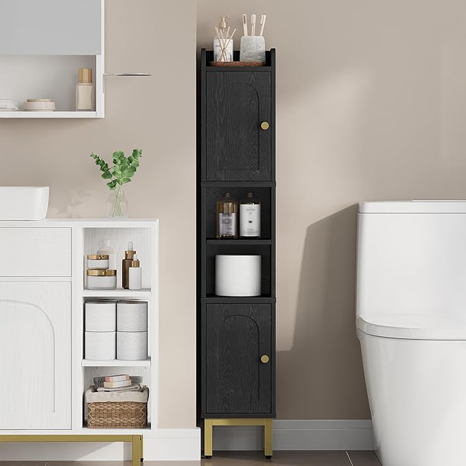Slim Bathroom Storage Cabinet, Narrow Bathroom Organizers and Storage with 4 Adjustable Feet, Laundry Room Organization for Small Space, Kitchen, Living Room, 2 Doors Black BC22404G