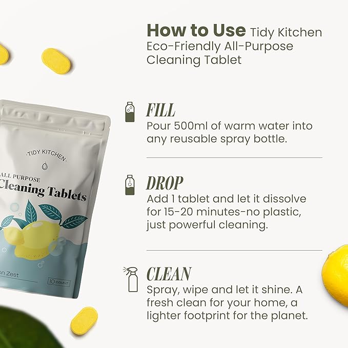 Tidy Kitchen All-Purpose Cleaner Tablets - Multi-Surface on Counters, Stovetops, Tile, Wood, Bath & Glass, Water-Activated Concentrate, 10 Pack Refills
