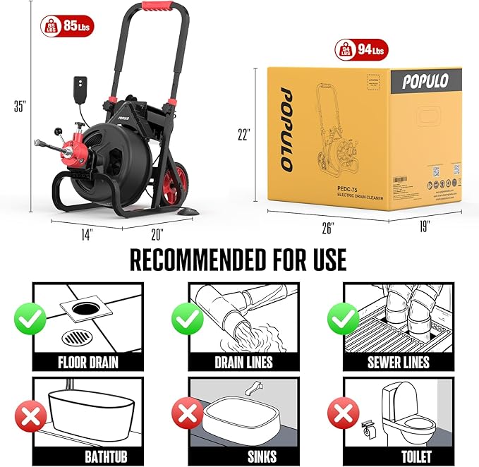 POPULO 75 ft x 1/2 inch Upgraded Electric Sewer Drain Snake Auger with 8 Cutters and 1 Root Killer, for 2-4 inch Pipes, Auto Feed Plumbing Drain Cleaner Machine, PEDC-75 Generation Two