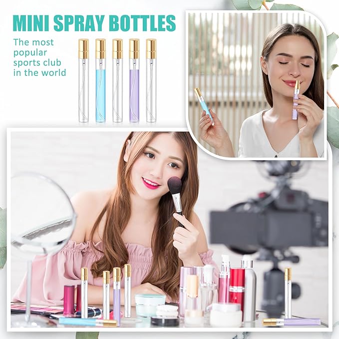 Zhehao 10 Pcs Mini Spray Bottles 10 ml Clear Glass Perfume Bottles Refillable Fine Mist Perfume Atomizer Portable Empty Sample Containers for Cleaning, Essential Oils, Travel (Gold Cap)
