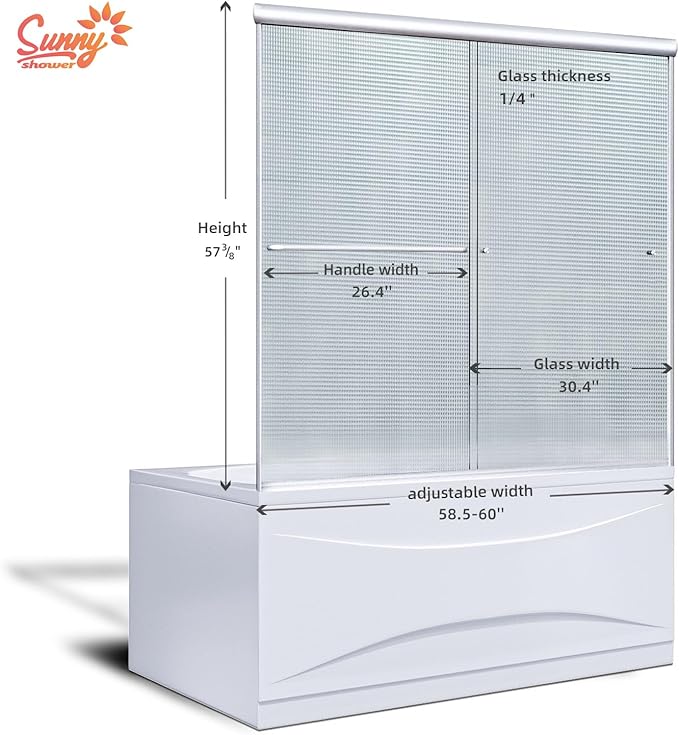 SUNNY SHOWER Double Sliding Shower Door Frosted Glass Shower Enclosure Sliding 60" W x 57.4" H Bathtub Door 1/4" Glass Panel, Brushed Nickel Finish