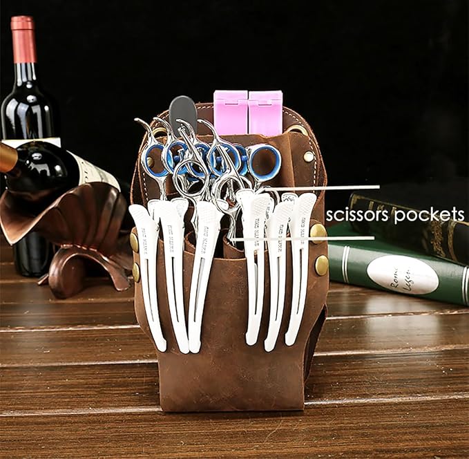 Scissor Pouch Belt, Cowhide Leather Salon Barber Hairdressing Scissor Holster Hair Stylist Shears Holder Tools Waist Bag with Adjustable Strap for Combs, Hair Clips