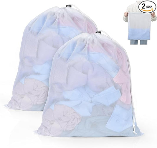 OTraki 16x20 Inch Mesh Laundry Bags 2PCS Small Drawstring Dirty Clothes Washing Bag Machine Washable Delicates Bra Lingerie Socks Toy Garment Bag Dorm Don't Drying, Melting 140-176℉ White