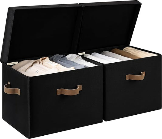 StorageWorks Fabric Storage Bins with Lid, Decorative Storage Boxes for Shelves, Stackable Closet Organizer Basket with Handles, Jumbo, Black, 2-Pack