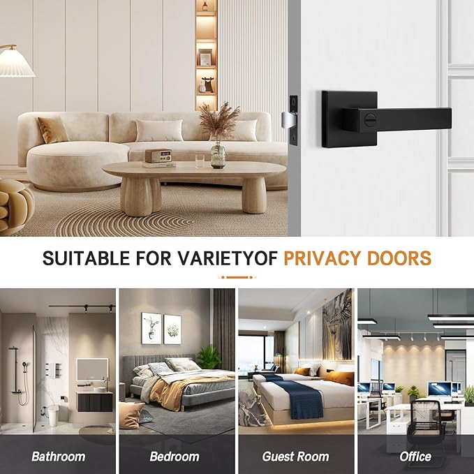 Probrico Matte Black Square Privacy Door Levers Bed Bath Door Handles, Heavy Duty Interior Keyless Door Locks for Left or Right Sided Doors, 4 Pack, Modern Design