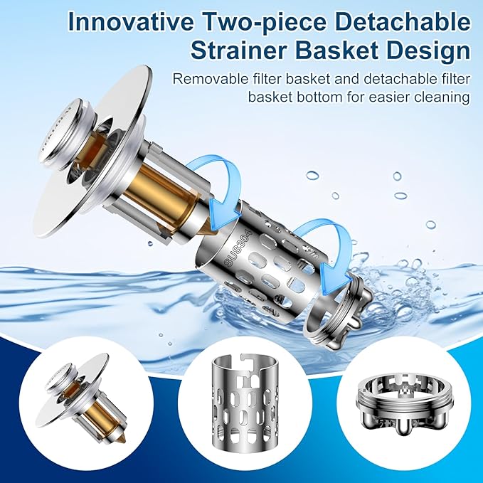 Bathroom Sink Stopper,All Metal Pop-Up Sink Drain Strainer with Removable Stainless Steel Filter Basket, Universal Bathroom Hair Catcher Fit for 1.1-2.36'' Drain (Silver, 1 Pack)