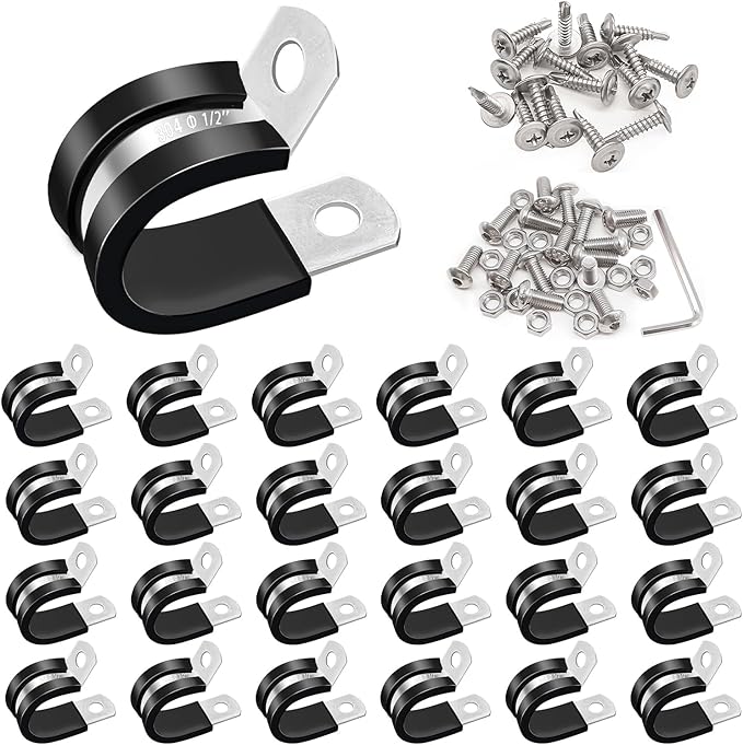 Taiss 50PCS 1/2 Inch Cable Clamps 304 Stainless Steel Rubber Cushion Insulated Wire Clamp,Pipe Clamps Loop Clamps,Metal Clamp With two kinds of screws (13mm)
