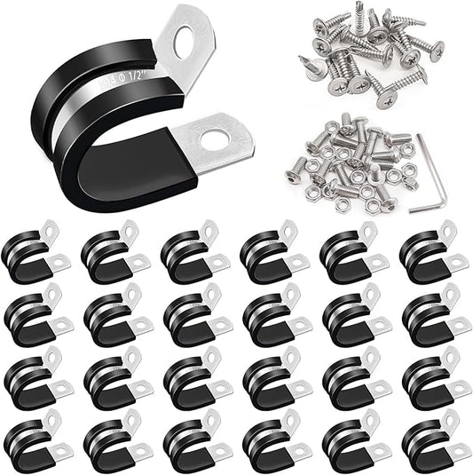 Taiss 50PCS 1/2 Inch Cable Clamps 304 Stainless Steel Rubber Cushion Insulated Wire Clamp,Pipe Clamps Loop Clamps,Metal Clamp With two kinds of screws (13mm)