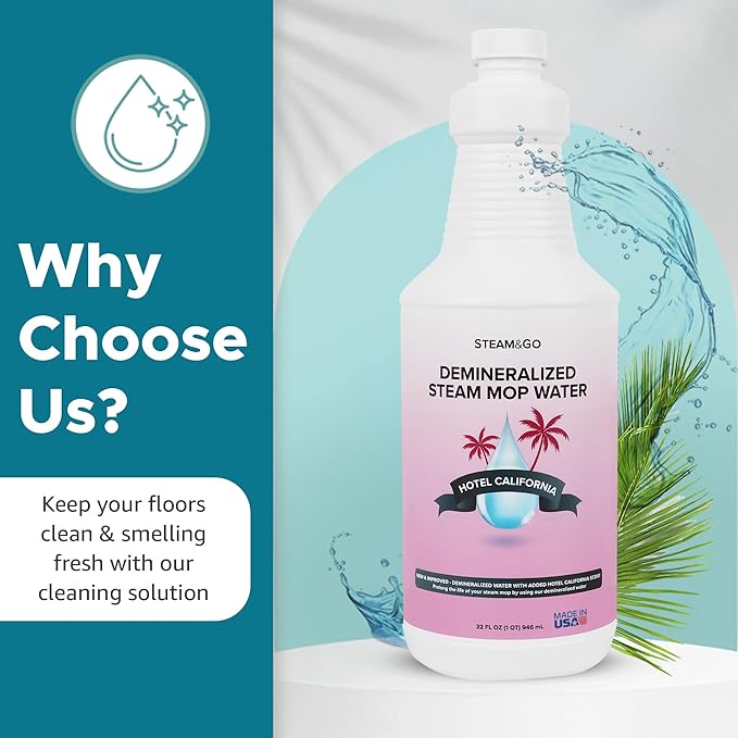 Steam & Go Deminerilized Water - Multi-Surface Cleaner for Steam Cleaners, Hardwood Floors, Kitchens, & Bathrooms - Germ-Killing Formula - Hotel California Scent - 32 Ounces (Pack of 1)