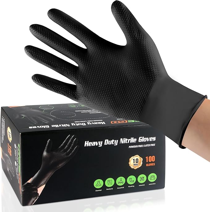 TREEGO Black Heavy Duty Rubber Gloves 10 Mil Nitrile Gloves - Raised Diamond Texture Grip for Automotive & Mechanic - Latex Free Disposable Gloves Medium, 100 Count