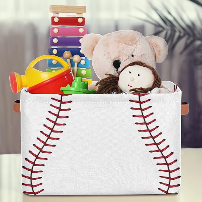 Pardick 2Pack Sports Baseball Print Large Collapsible Storage Bins,Sports Basket Decorative Canvas Fabric Storage Boxes with Handles,Rectangular Shelves Baskets Box for Home Office Nursery Closet